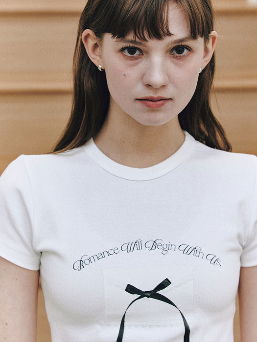 ★Letter From Moon★ Ribbon Letter Slim T-shirts (2colors)