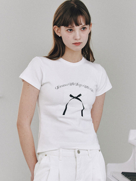 ★Letter From Moon★ Ribbon Letter Slim T-shirts (2colors)