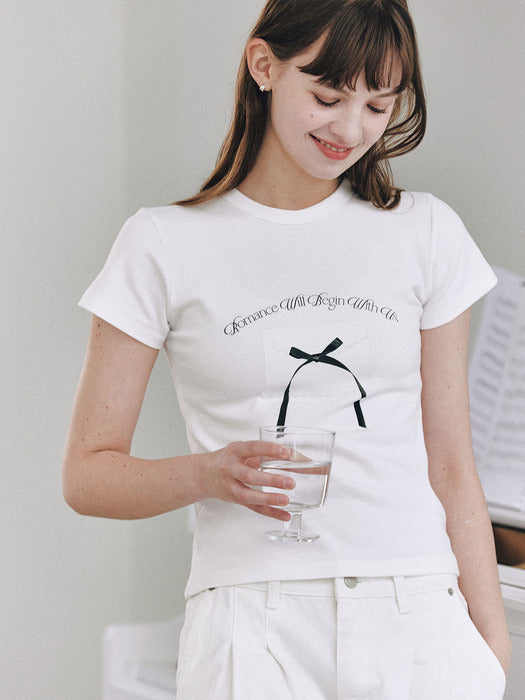 ★Letter From Moon★ Ribbon Letter Slim T-shirts (2colors)
