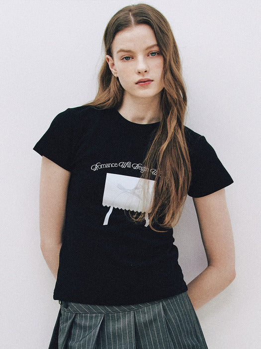 ★Letter From Moon★ Ribbon Letter Slim T-shirts (2colors)