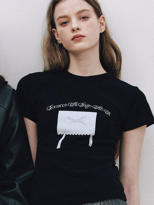 ★Letter From Moon★ Ribbon Letter Slim T-shirts (2colors)