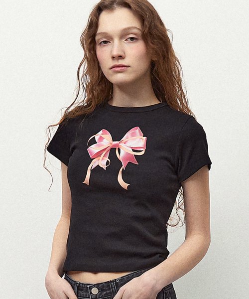 ★RonRon★ Double Ribbon Slim Crop T Shirt (4colors)