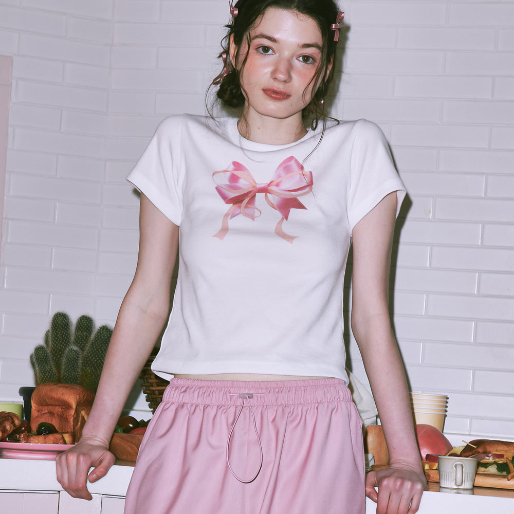 ★RonRon★ Double Ribbon Slim Crop T Shirt (4colors)